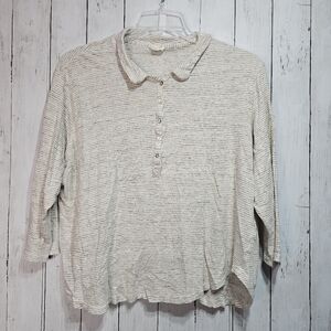 Poetry Women's White Tan Stripe Linen Knit Shirt 3/4 Sleeves Collared Size 18.